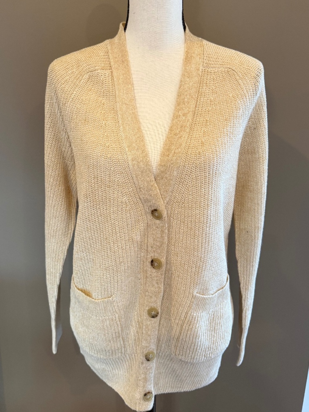 J. Crew Linen Blend Tan Knit Button Down Cardigan, Size Small - Picture 2 of 12